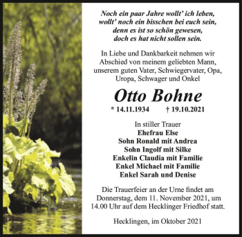 Traueranzeige von Otto Bohne  von Magdeburger Volksstimme