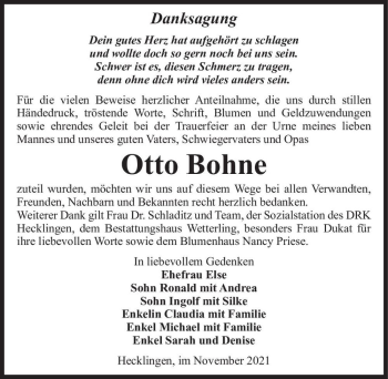 Traueranzeige von Otto Bohne  von Magdeburger Volksstimme