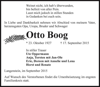 Traueranzeige von Otto Boog  von Magdeburger Volksstimme