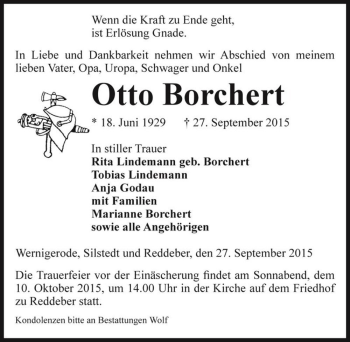 Traueranzeige von Otto Borchert  von Magdeburger Volksstimme