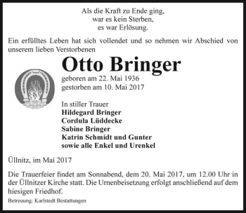 Traueranzeige von Otto Bringer  von Magdeburger Volksstimme