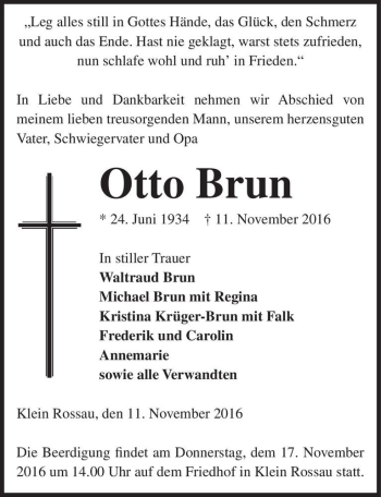Traueranzeige von Otto Brun  von Magdeburger Volksstimme