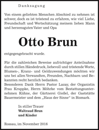 Traueranzeige von Otto Brun  von Magdeburger Volksstimme