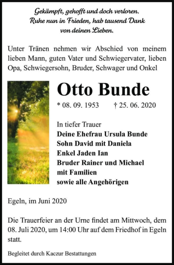 Traueranzeige von Otto Bunde  von Magdeburger Volksstimme