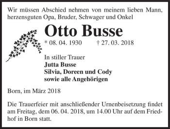 Traueranzeige von Otto Busse  von Magdeburger Volksstimme