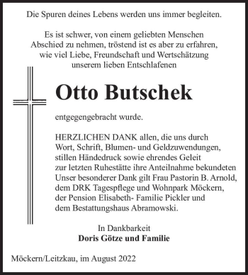 Traueranzeige von Otto Butschek  von Magdeburger Volksstimme