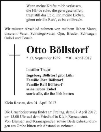 Traueranzeige von Otto Böllstorf  von Magdeburger Volksstimme