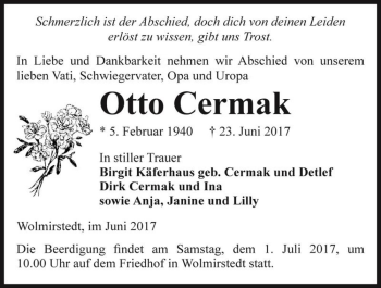 Traueranzeige von Otto Cermak  von Magdeburger Volksstimme