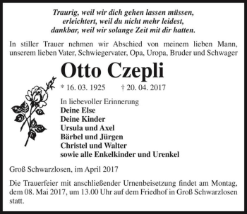 Traueranzeige von Otto Czepli  von Magdeburger Volksstimme
