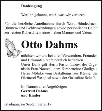 Traueranzeige von Otto Dahms  von Magdeburger Volksstimme