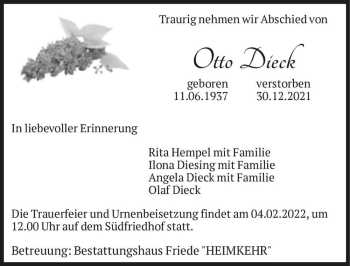 Traueranzeige von Otto Dieck  von Magdeburger Volksstimme