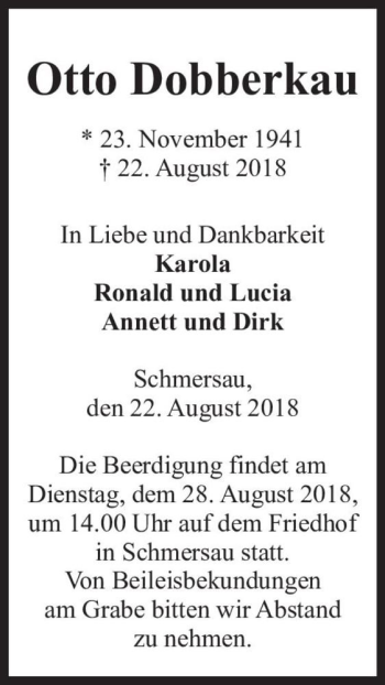 Traueranzeige von Otto Dobberkau  von Magdeburger Volksstimme