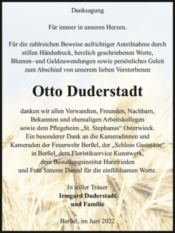 Traueranzeige von Otto Duderstadt  von Magdeburger Volksstimme