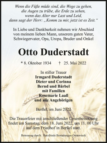 Traueranzeige von Otto Duderstadt  von Magdeburger Volksstimme