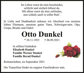 Traueranzeige von Otto Dunkel  von Magdeburger Volksstimme