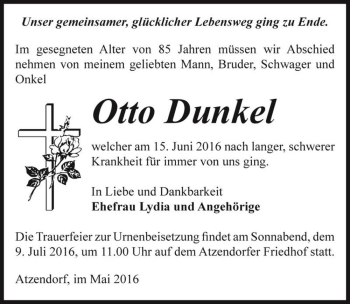 Traueranzeige von Otto Dunkel  von Magdeburger Volksstimme