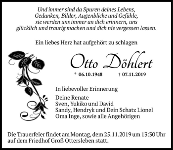 Traueranzeige von Otto Döhlert  von Magdeburger Volksstimme