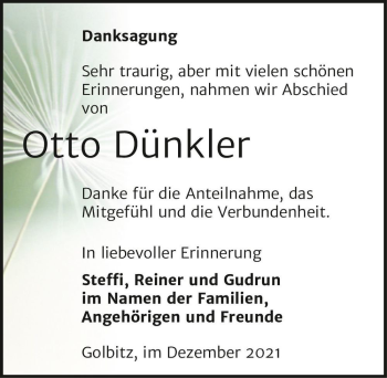 Traueranzeige von Otto Dünkler  von Magdeburger Volksstimme