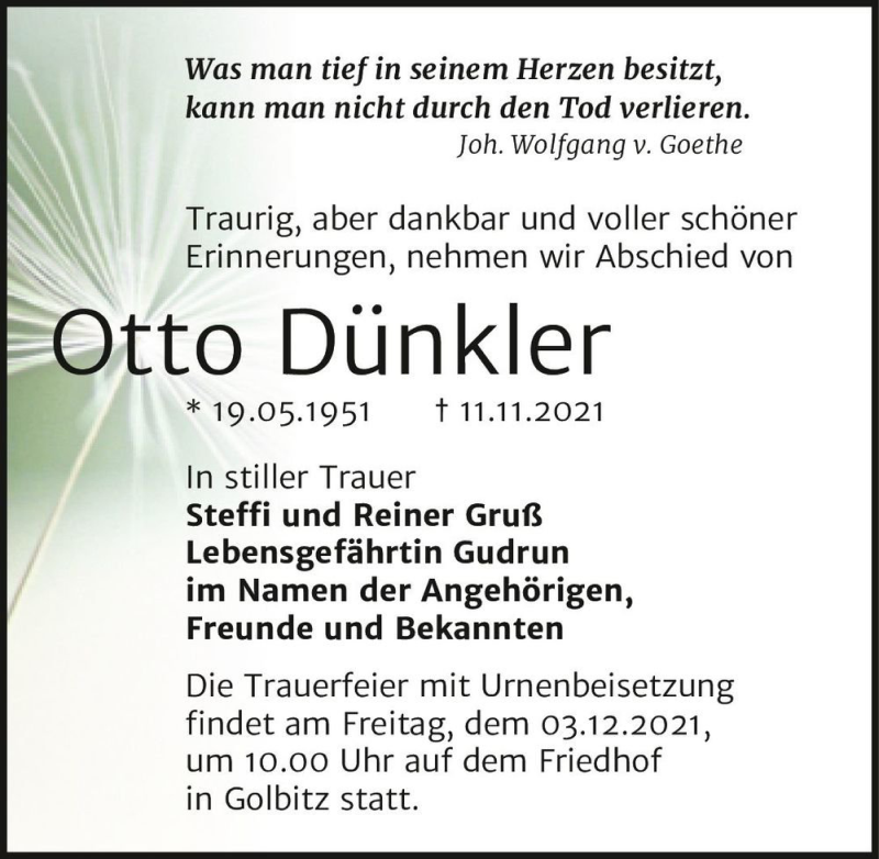  Traueranzeige für Otto Dünkler  vom 20.11.2021 aus Magdeburger Volksstimme