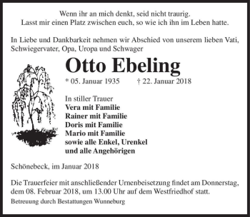 Traueranzeige von Otto Ebeling  von Magdeburger Volksstimme