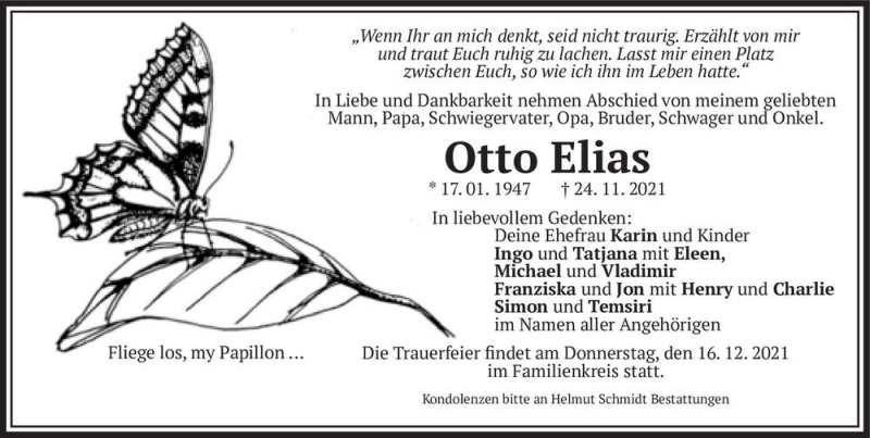  Traueranzeige für Otto Elias  vom 04.12.2021 aus Magdeburger Volksstimme