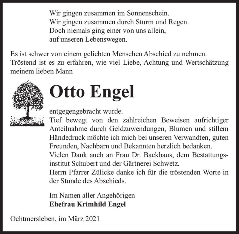  Traueranzeige für Otto Engel  vom 20.03.2021 aus Magdeburger Volksstimme