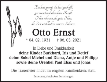 Traueranzeige von Otto Ernst  von Magdeburger Volksstimme