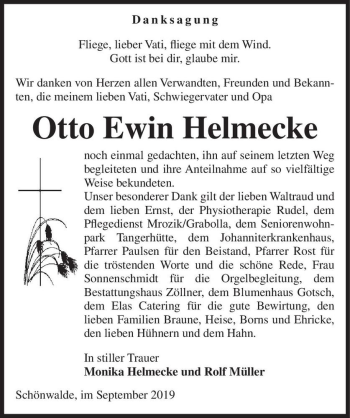 Traueranzeige von Otto Erwin Helmecke  von Magdeburger Volksstimme