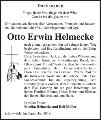 Traueranzeige von Otto Erwin Helmecke  von Magdeburger Volksstimme