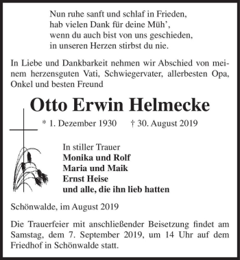 Traueranzeige von Otto Erwin Helmecke  von Magdeburger Volksstimme