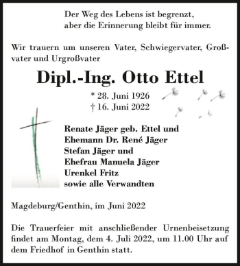 Traueranzeige von Otto Ettel  von Magdeburger Volksstimme