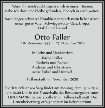Traueranzeige von Otto Faller  von Magdeburger Volksstimme