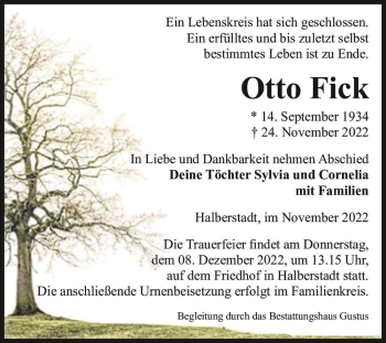 Traueranzeige von Otto Fick  von Magdeburger Volksstimme