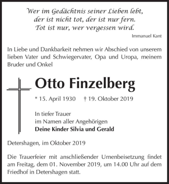 Traueranzeige von Otto Finzelberg  von Magdeburger Volksstimme