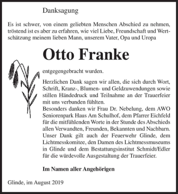 Traueranzeige von Otto Franke  von Magdeburger Volksstimme