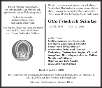 Traueranzeige von Otto Friedrich Schulze  von Magdeburger Volksstimme