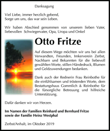 Traueranzeige von Otto Fritze  von Magdeburger Volksstimme