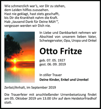 Traueranzeige von Otto Fritze  von Magdeburger Volksstimme