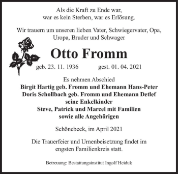 Traueranzeige von Otto Fromm  von Magdeburger Volksstimme