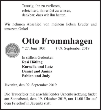 Traueranzeige von Otto Frommhagen  von Magdeburger Volksstimme