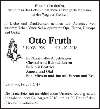 Traueranzeige von Otto Fruth  von Magdeburger Volksstimme