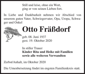 Traueranzeige von Otto Fräßdorf  von Magdeburger Volksstimme