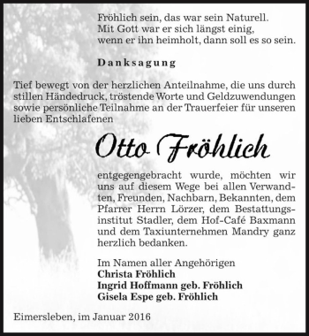 Traueranzeige von Otto Fröhlich  von Magdeburger Volksstimme
