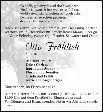 Traueranzeige von Otto Fröhlich  von Magdeburger Volksstimme