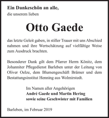 Traueranzeige von Otto Gaede  von Magdeburger Volksstimme