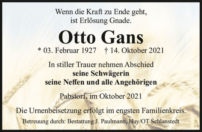  Traueranzeige für Otto Gans  vom 23.10.2021 aus Magdeburger Volksstimme