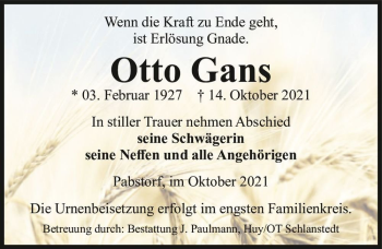 Traueranzeige von Otto Gans  von Magdeburger Volksstimme