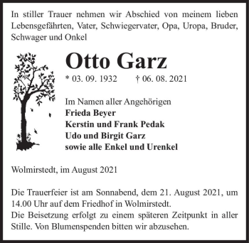 Traueranzeige von Otto Garz  von Magdeburger Volksstimme