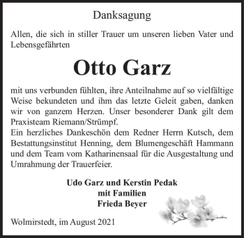 Traueranzeige von Otto Garz  von Magdeburger Volksstimme