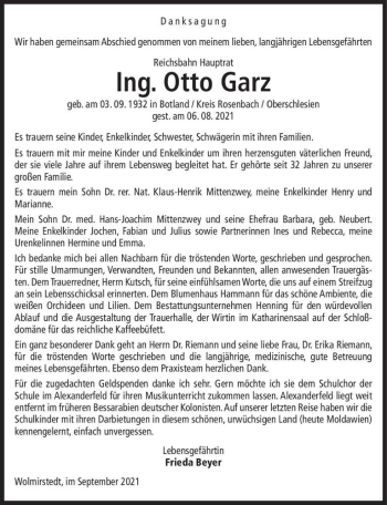 Traueranzeige von Otto Garz  von Magdeburger Volksstimme